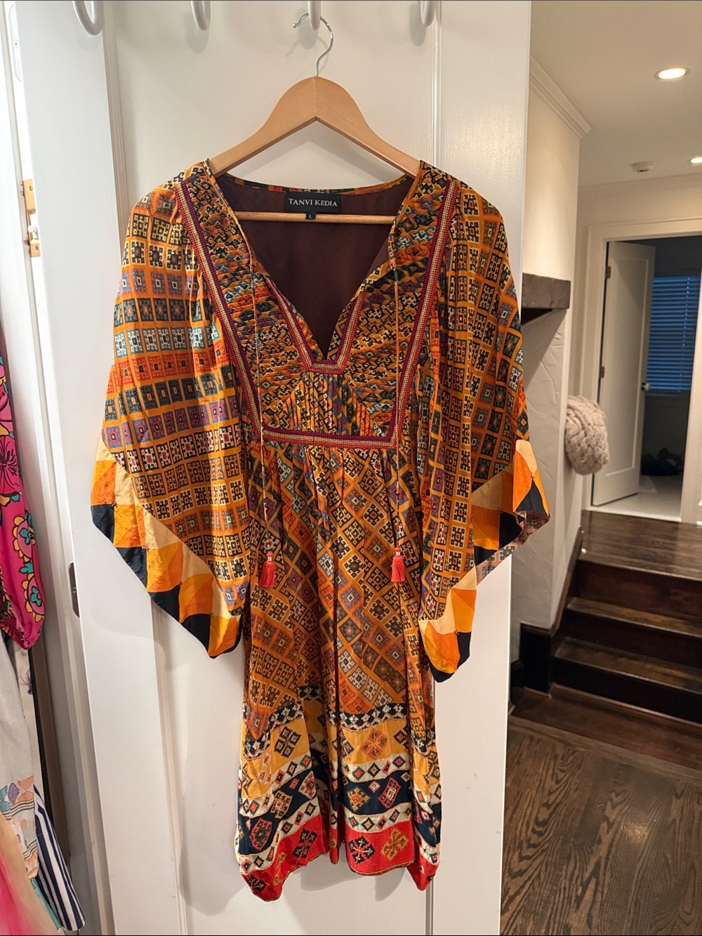 Tanya Taylor Multicolor Yellow Patterned Dress Size L with beaded accents